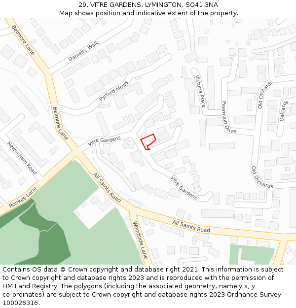 29, VITRE GARDENS, LYMINGTON, SO41 3NA: Location map and indicative extent of plot