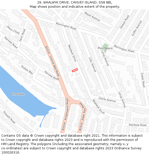 29, WAALWYK DRIVE, CANVEY ISLAND, SS8 8BL: Location map and indicative extent of plot