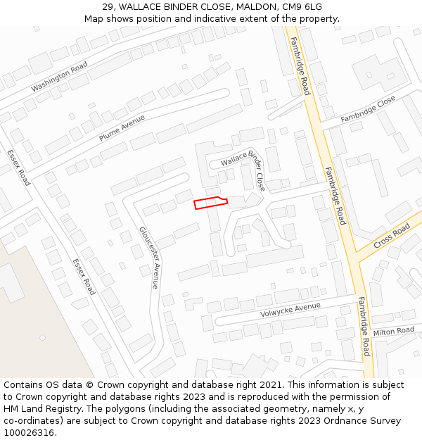 29, WALLACE BINDER CLOSE, MALDON, CM9 6LG: Location map and indicative extent of plot