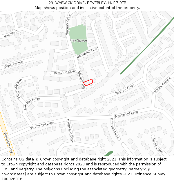 29, WARWICK DRIVE, BEVERLEY, HU17 9TB: Location map and indicative extent of plot