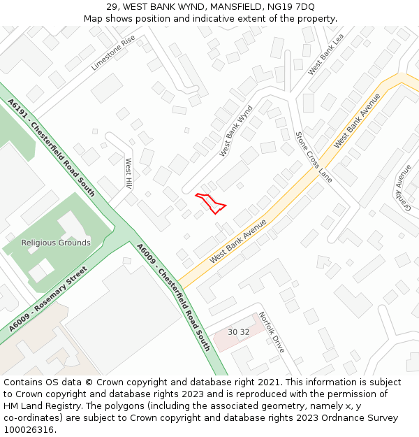 29, WEST BANK WYND, MANSFIELD, NG19 7DQ: Location map and indicative extent of plot