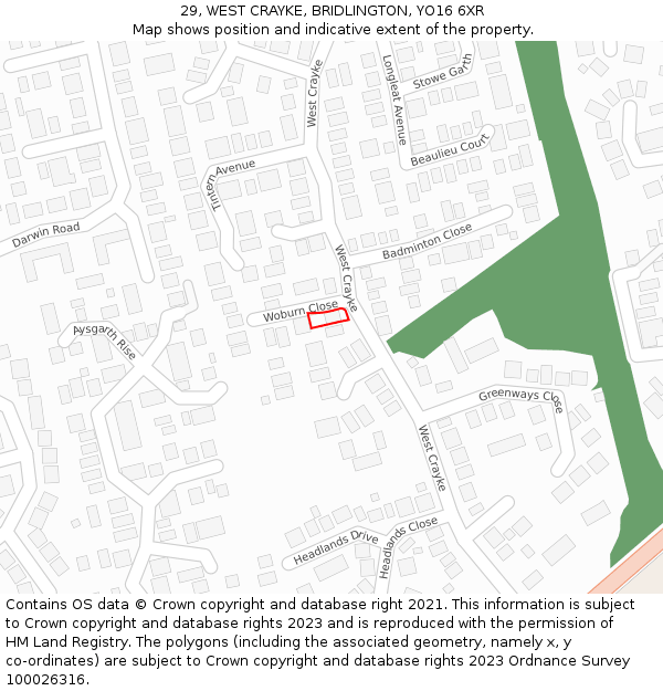 29, WEST CRAYKE, BRIDLINGTON, YO16 6XR: Location map and indicative extent of plot