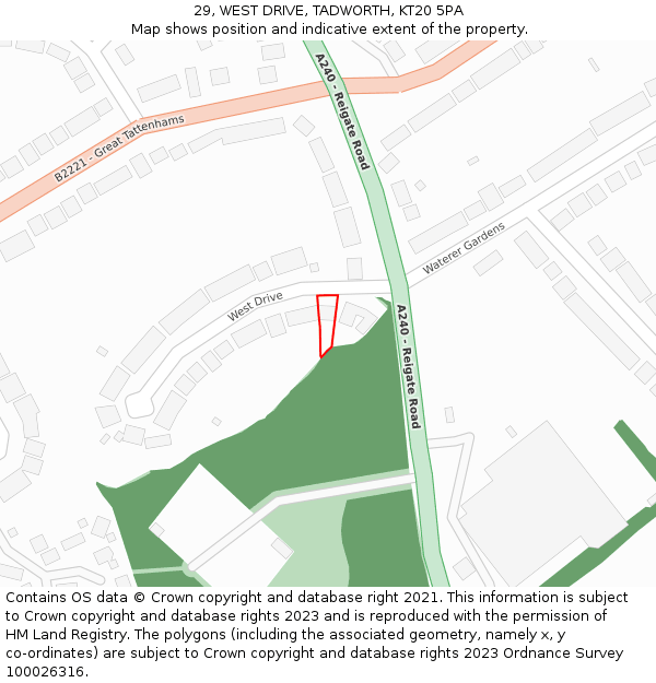 29, WEST DRIVE, TADWORTH, KT20 5PA: Location map and indicative extent of plot