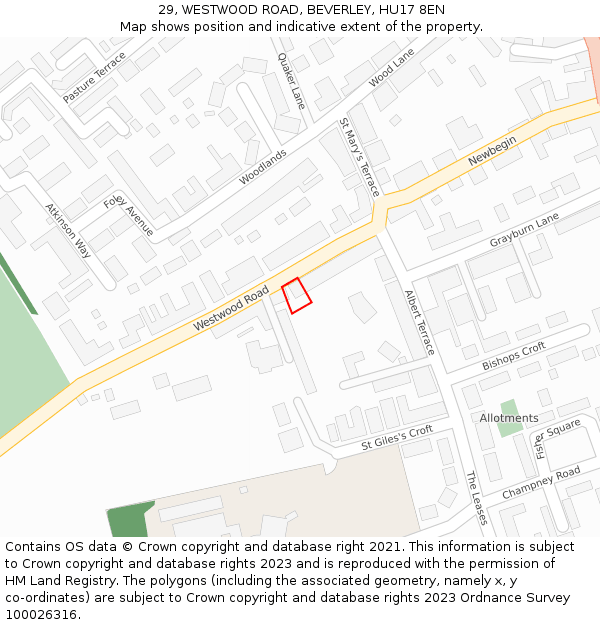 29, WESTWOOD ROAD, BEVERLEY, HU17 8EN: Location map and indicative extent of plot