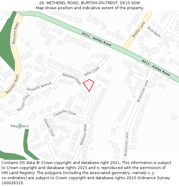 29, WETHEREL ROAD, BURTON-ON-TRENT, DE15 9GW: Location map and indicative extent of plot