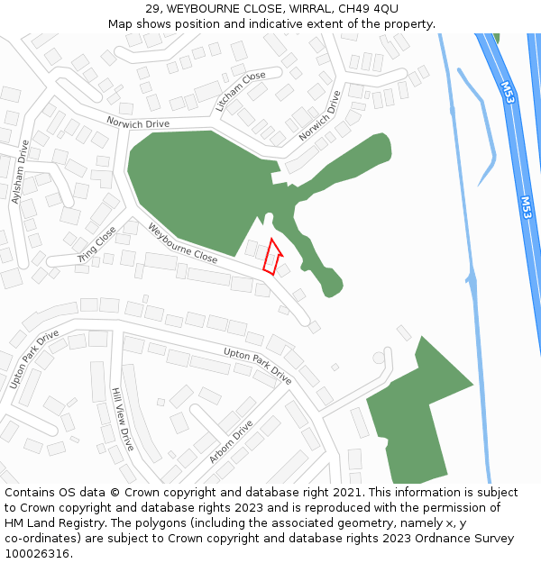 29, WEYBOURNE CLOSE, WIRRAL, CH49 4QU: Location map and indicative extent of plot