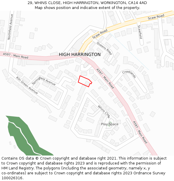 29, WHINS CLOSE, HIGH HARRINGTON, WORKINGTON, CA14 4AD: Location map and indicative extent of plot