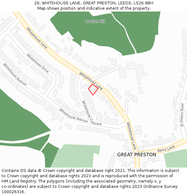 29, WHITEHOUSE LANE, GREAT PRESTON, LEEDS, LS26 8BH: Location map and indicative extent of plot