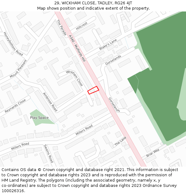 29, WICKHAM CLOSE, TADLEY, RG26 4JT: Location map and indicative extent of plot