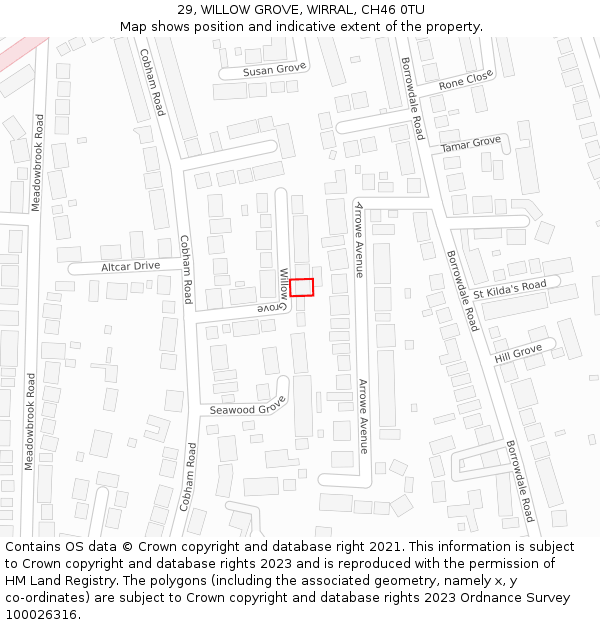 29, WILLOW GROVE, WIRRAL, CH46 0TU: Location map and indicative extent of plot