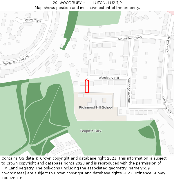 29, WOODBURY HILL, LUTON, LU2 7JP: Location map and indicative extent of plot