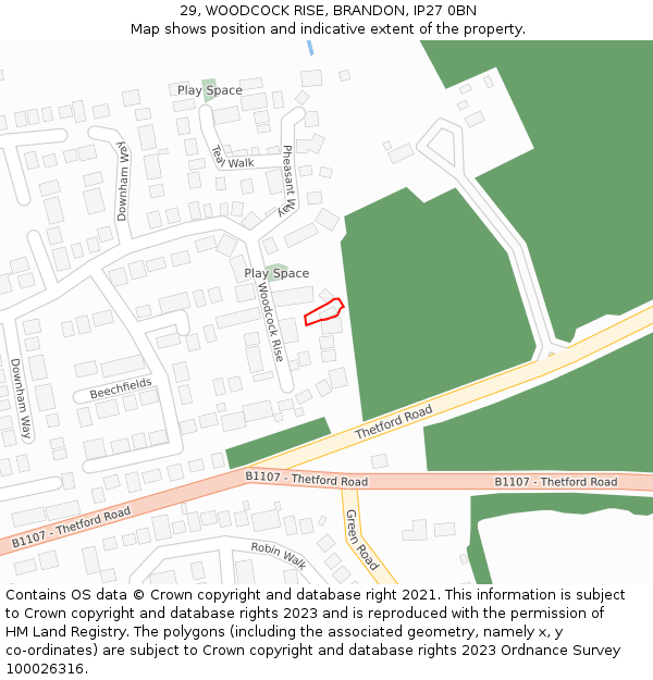 29, WOODCOCK RISE, BRANDON, IP27 0BN: Location map and indicative extent of plot
