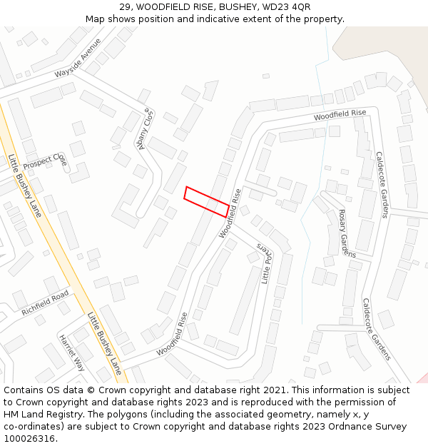 29, WOODFIELD RISE, BUSHEY, WD23 4QR: Location map and indicative extent of plot