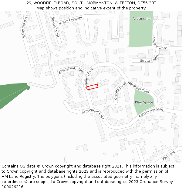 29, WOODFIELD ROAD, SOUTH NORMANTON, ALFRETON, DE55 3BT: Location map and indicative extent of plot