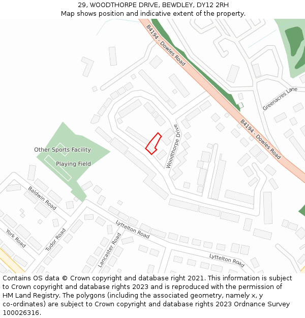 29, WOODTHORPE DRIVE, BEWDLEY, DY12 2RH: Location map and indicative extent of plot