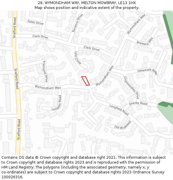 29, WYMONDHAM WAY, MELTON MOWBRAY, LE13 1HX: Location map and indicative extent of plot