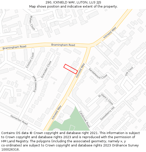 290, ICKNIELD WAY, LUTON, LU3 2JS: Location map and indicative extent of plot