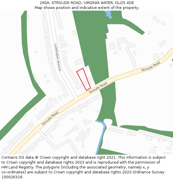 290A, STROUDE ROAD, VIRGINIA WATER, GU25 4DE: Location map and indicative extent of plot