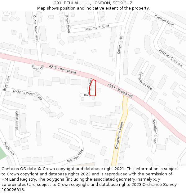 291, BEULAH HILL, LONDON, SE19 3UZ: Location map and indicative extent of plot