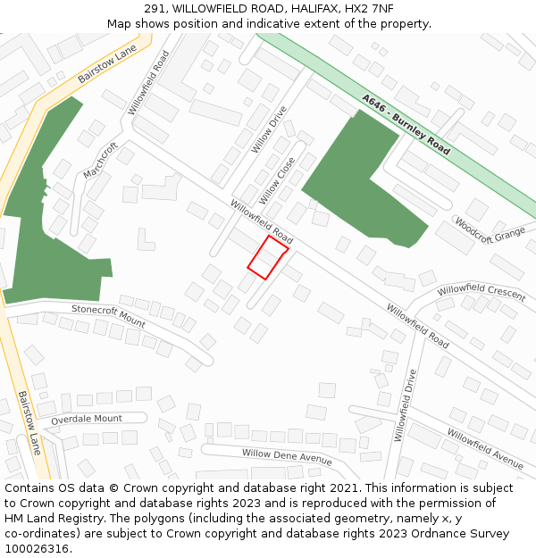 291, WILLOWFIELD ROAD, HALIFAX, HX2 7NF: Location map and indicative extent of plot