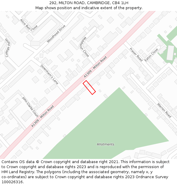 292, MILTON ROAD, CAMBRIDGE, CB4 1LH: Location map and indicative extent of plot