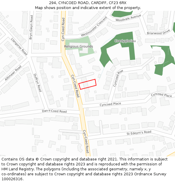 294, CYNCOED ROAD, CARDIFF, CF23 6RX: Location map and indicative extent of plot