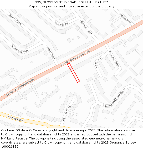 295, BLOSSOMFIELD ROAD, SOLIHULL, B91 1TD: Location map and indicative extent of plot