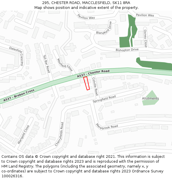 295, CHESTER ROAD, MACCLESFIELD, SK11 8RA: Location map and indicative extent of plot