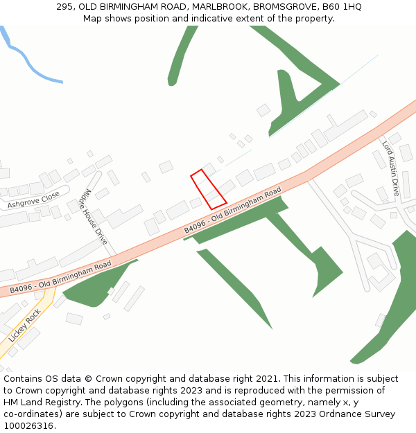 295, OLD BIRMINGHAM ROAD, MARLBROOK, BROMSGROVE, B60 1HQ: Location map and indicative extent of plot