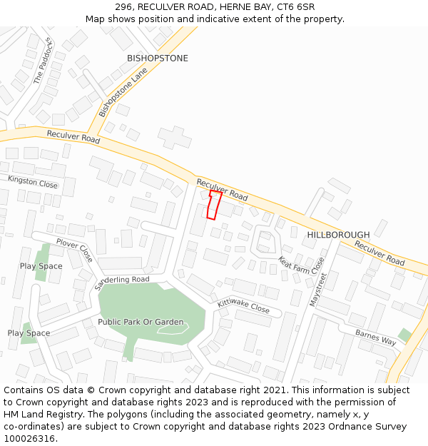 296, RECULVER ROAD, HERNE BAY, CT6 6SR: Location map and indicative extent of plot