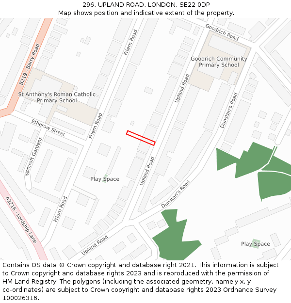 296, UPLAND ROAD, LONDON, SE22 0DP: Location map and indicative extent of plot