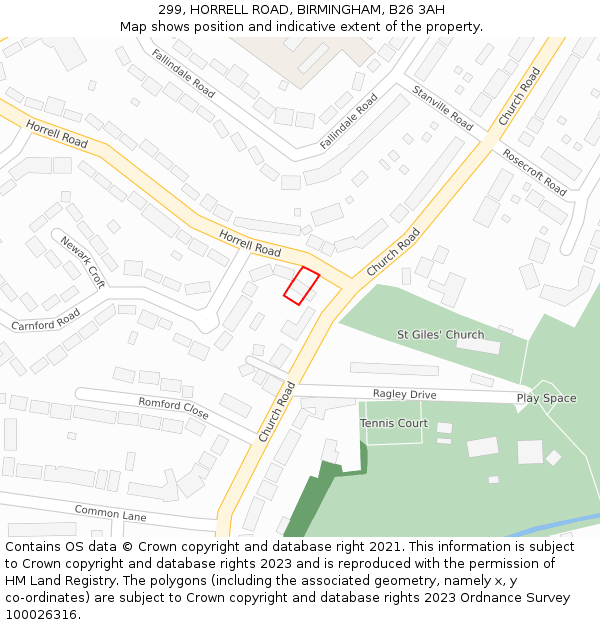 299, HORRELL ROAD, BIRMINGHAM, B26 3AH: Location map and indicative extent of plot