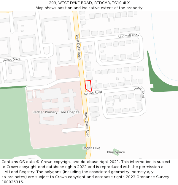 299, WEST DYKE ROAD, REDCAR, TS10 4LX: Location map and indicative extent of plot