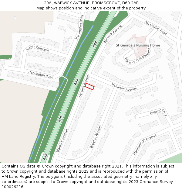 29A, WARWICK AVENUE, BROMSGROVE, B60 2AR: Location map and indicative extent of plot