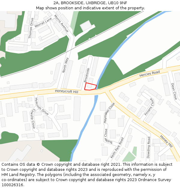 2A, BROOKSIDE, UXBRIDGE, UB10 9NF: Location map and indicative extent of plot