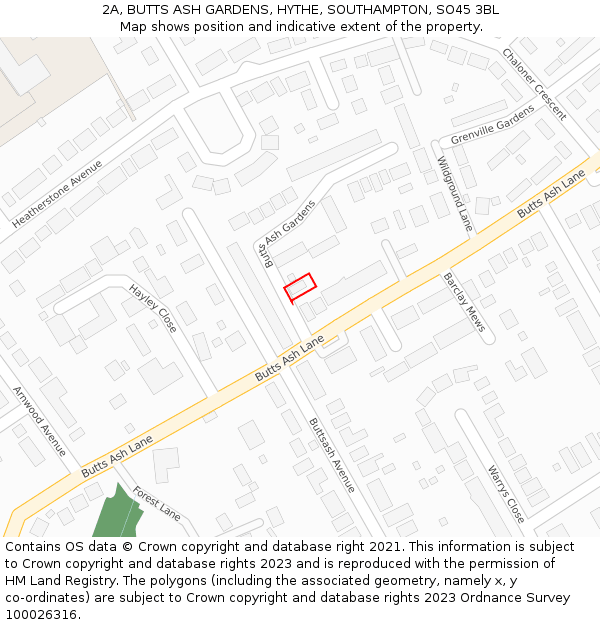 2A, BUTTS ASH GARDENS, HYTHE, SOUTHAMPTON, SO45 3BL: Location map and indicative extent of plot