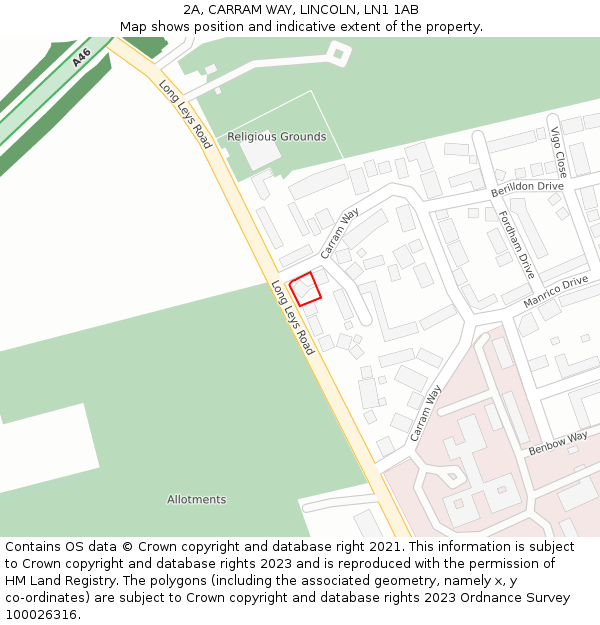 2A, CARRAM WAY, LINCOLN, LN1 1AB: Location map and indicative extent of plot