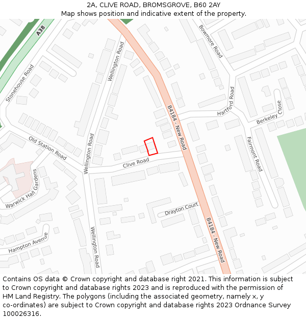 2A, CLIVE ROAD, BROMSGROVE, B60 2AY: Location map and indicative extent of plot