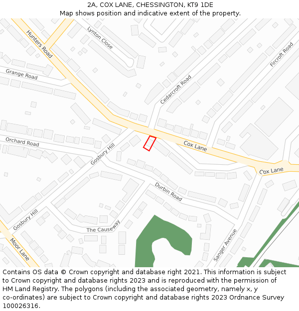 2A, COX LANE, CHESSINGTON, KT9 1DE: Location map and indicative extent of plot