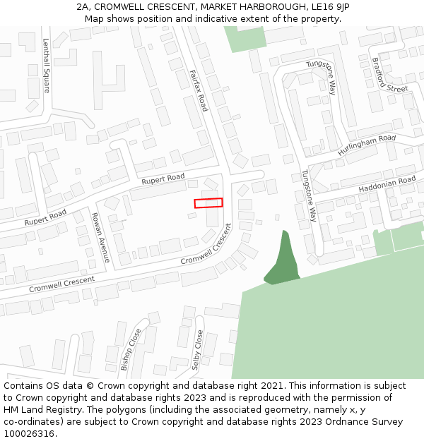 2A, CROMWELL CRESCENT, MARKET HARBOROUGH, LE16 9JP: Location map and indicative extent of plot