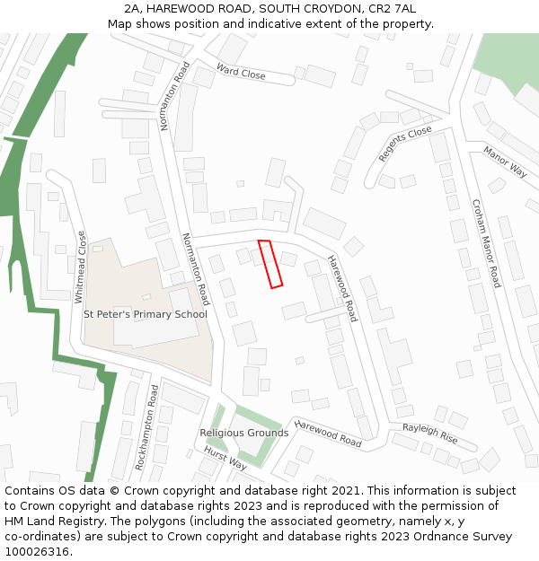 2A, HAREWOOD ROAD, SOUTH CROYDON, CR2 7AL: Location map and indicative extent of plot