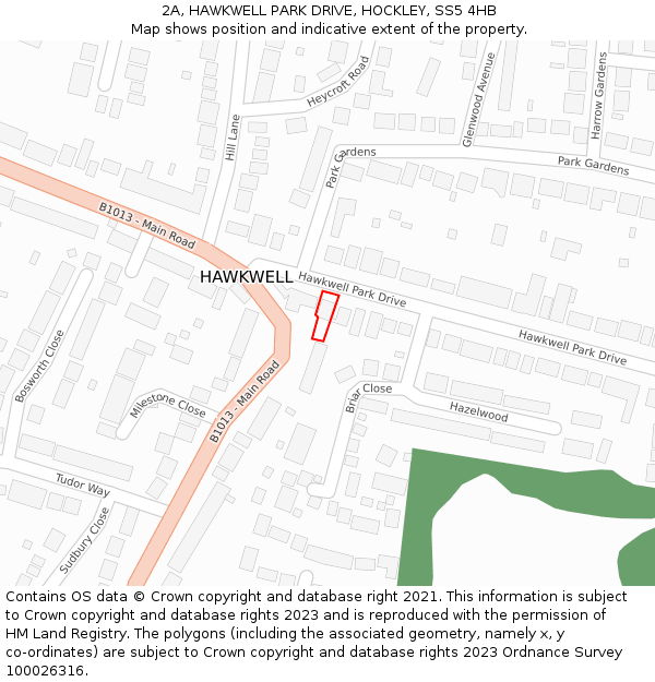2A, HAWKWELL PARK DRIVE, HOCKLEY, SS5 4HB: Location map and indicative extent of plot