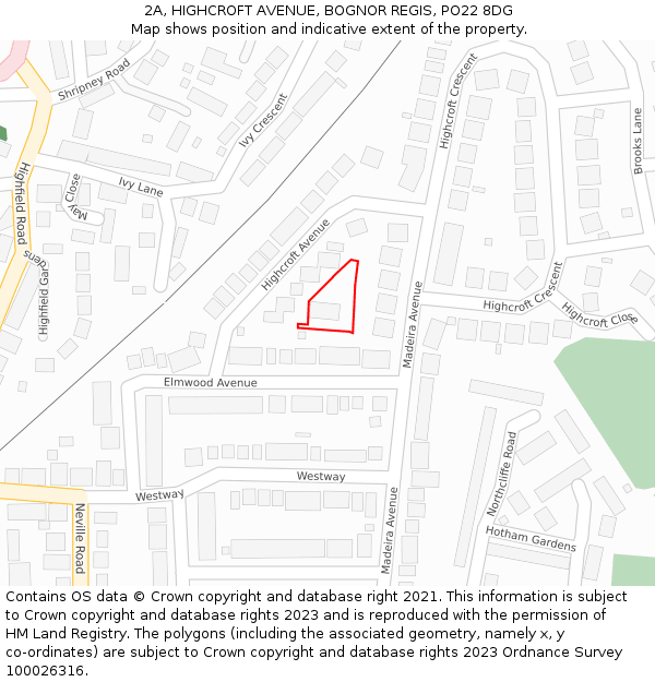 2A, HIGHCROFT AVENUE, BOGNOR REGIS, PO22 8DG: Location map and indicative extent of plot