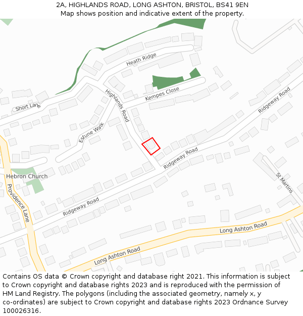 2A, HIGHLANDS ROAD, LONG ASHTON, BRISTOL, BS41 9EN: Location map and indicative extent of plot