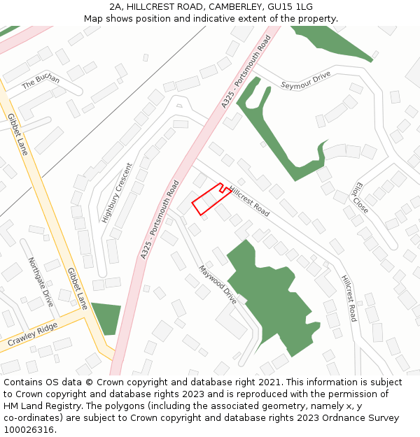 2A, HILLCREST ROAD, CAMBERLEY, GU15 1LG: Location map and indicative extent of plot
