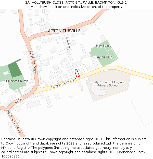 2A, HOLLYBUSH CLOSE, ACTON TURVILLE, BADMINTON, GL9 1JJ: Location map and indicative extent of plot