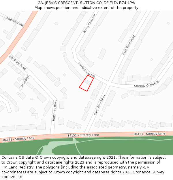 2A, JERVIS CRESCENT, SUTTON COLDFIELD, B74 4PW: Location map and indicative extent of plot