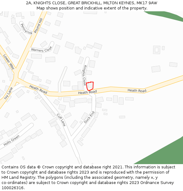 2A, KNIGHTS CLOSE, GREAT BRICKHILL, MILTON KEYNES, MK17 9AW: Location map and indicative extent of plot