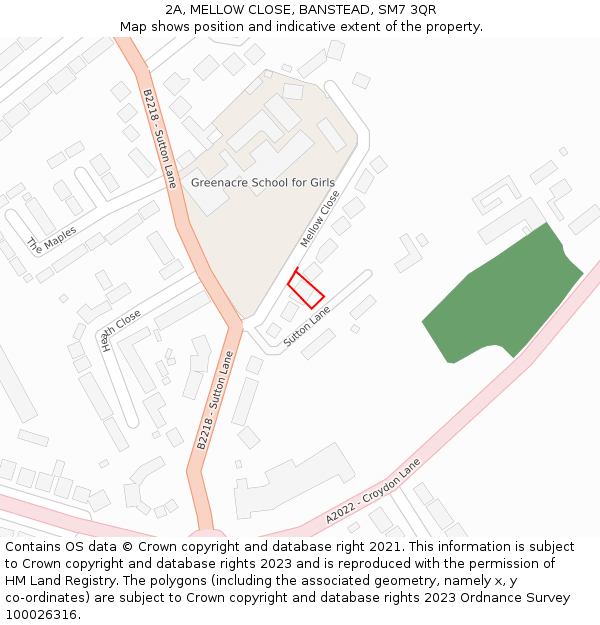 2A, MELLOW CLOSE, BANSTEAD, SM7 3QR: Location map and indicative extent of plot