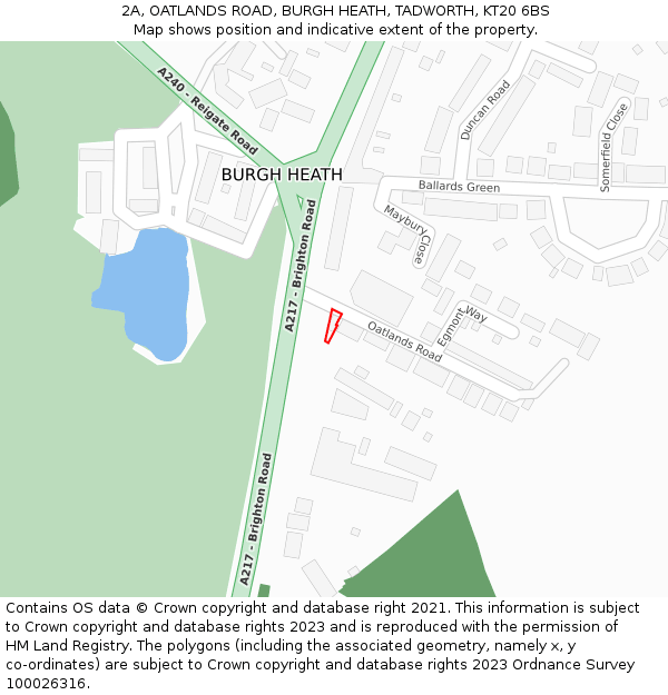 2A, OATLANDS ROAD, BURGH HEATH, TADWORTH, KT20 6BS: Location map and indicative extent of plot